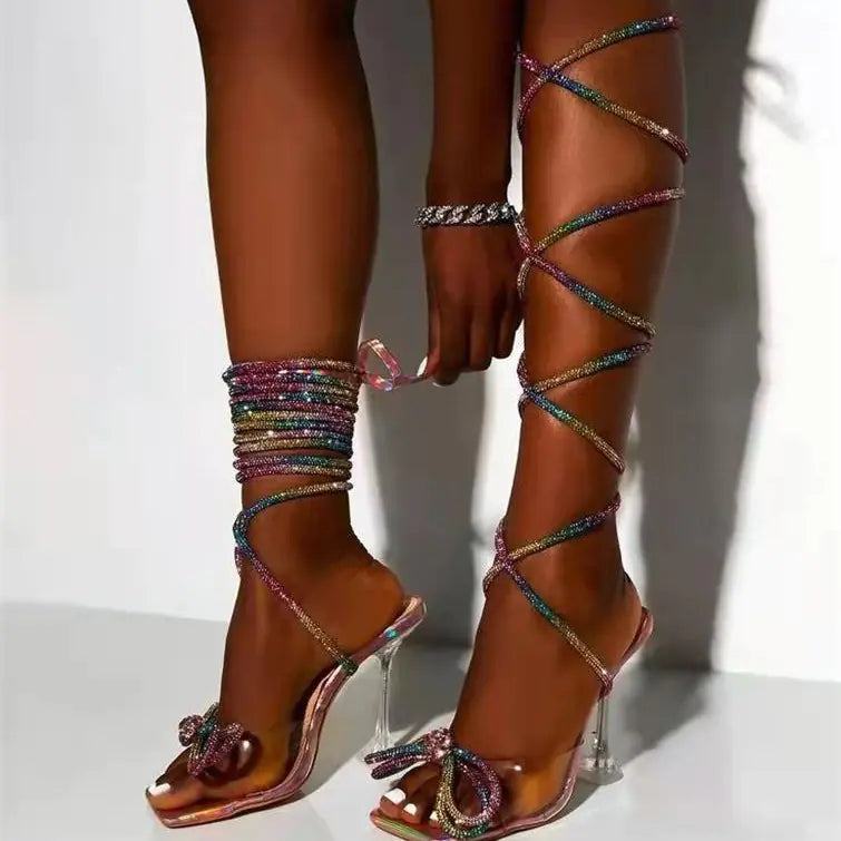 2022 Summer Plus Size Rhinestone Bow High Heels