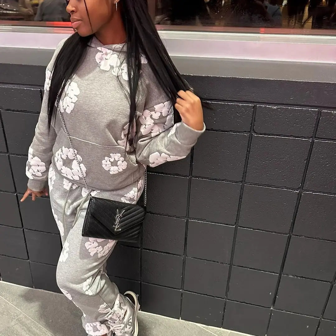 XS0021 2023 Fall Winter Floral Sweatshirt Set