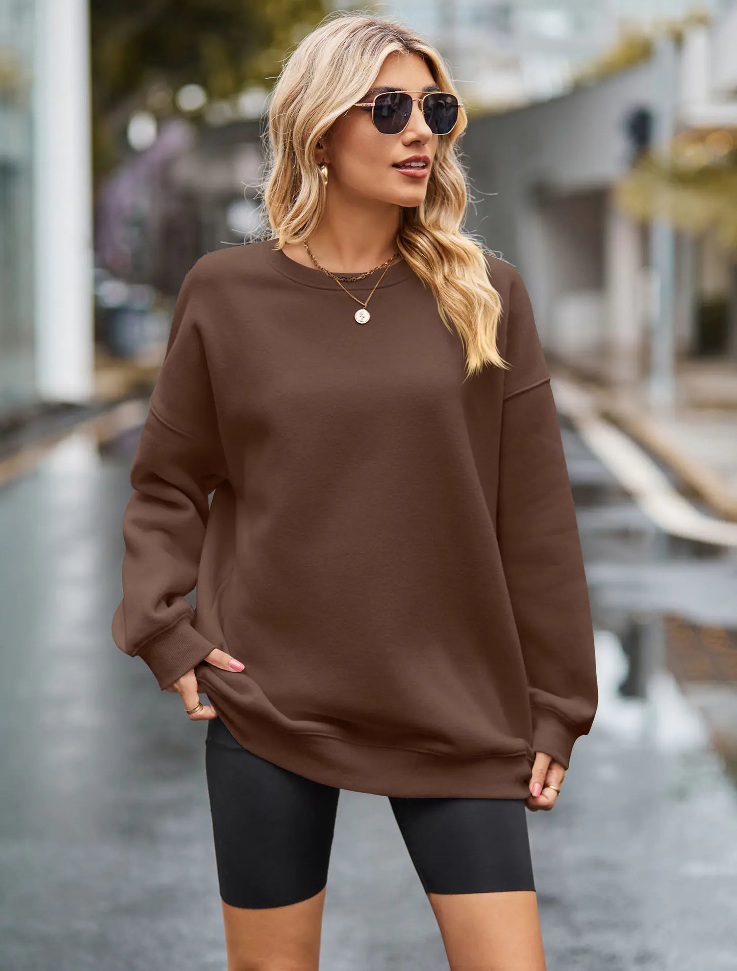 Women's Round Neck Long Sleeve Pullover Sports Hoodie