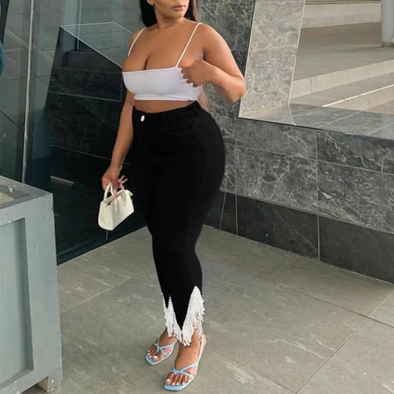Plus Size High Waist Stretchy Denim Tassel Pants