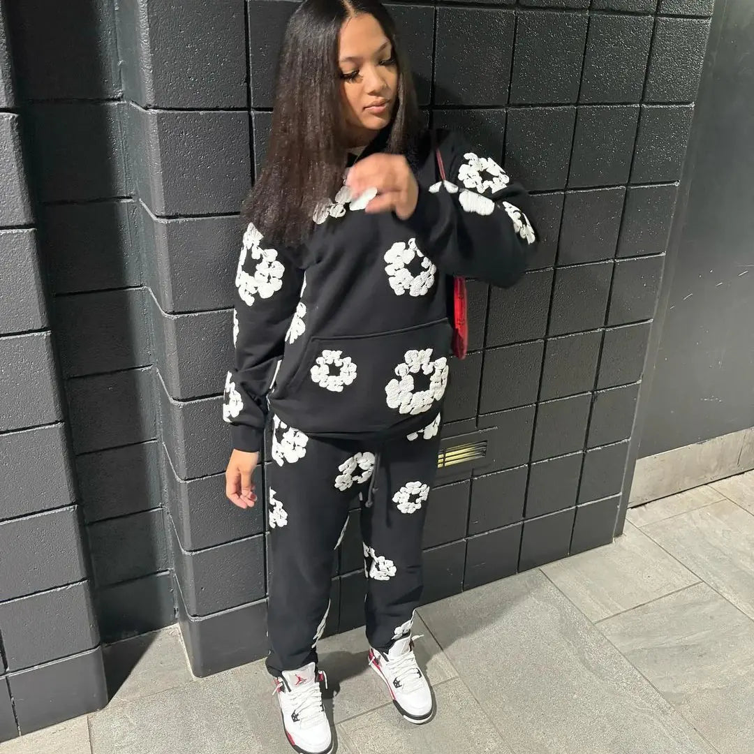 XS0021 2023 Fall Winter Floral Sweatshirt Set