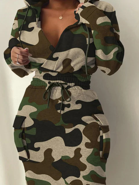 Plus Size Camo Print V Neck Hooded Casual Dress