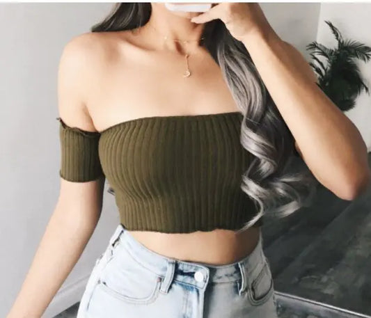 Sexy Solid Color Off-Shoulder Crop Top with Short Sleeves