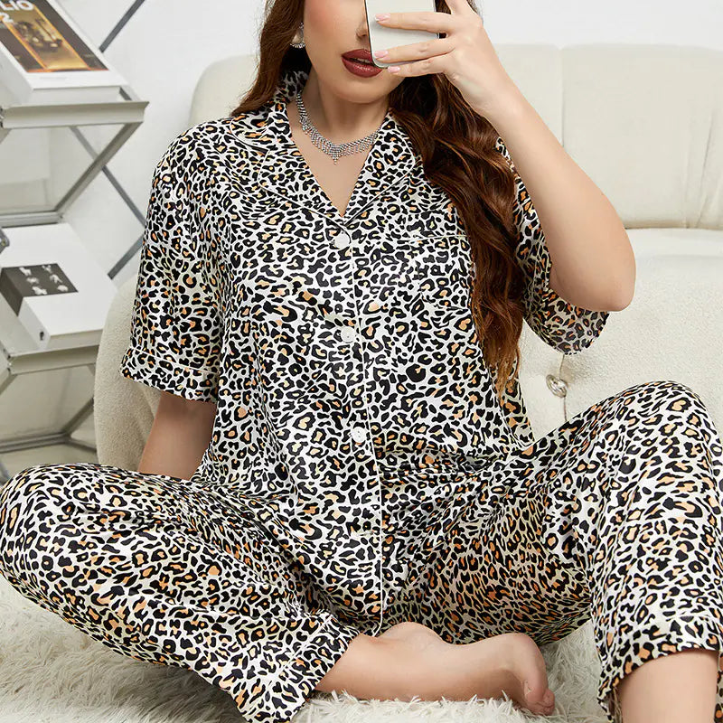 Summer Satin Black Leopard-Print Plus Size Pajamas Set