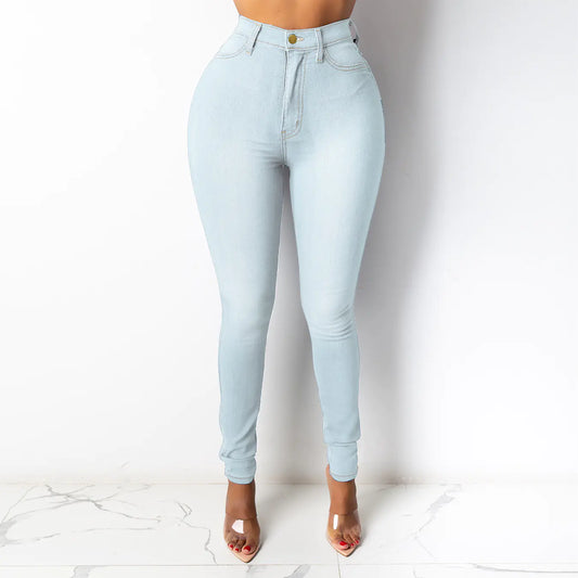 Blue High Waist Skinny Jeans with Casual Slash Pockets