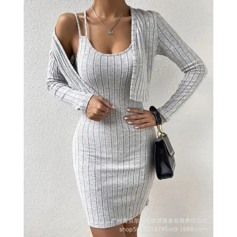 2023 Women's Long Sleeve Cardigan & Bodycon Dress Set