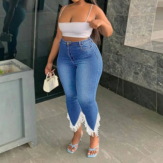 Plus Size High Waist Stretchy Denim Tassel Pants