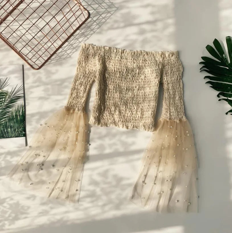One-Shoulder Mesh Top with Beaded Bell Sleeves