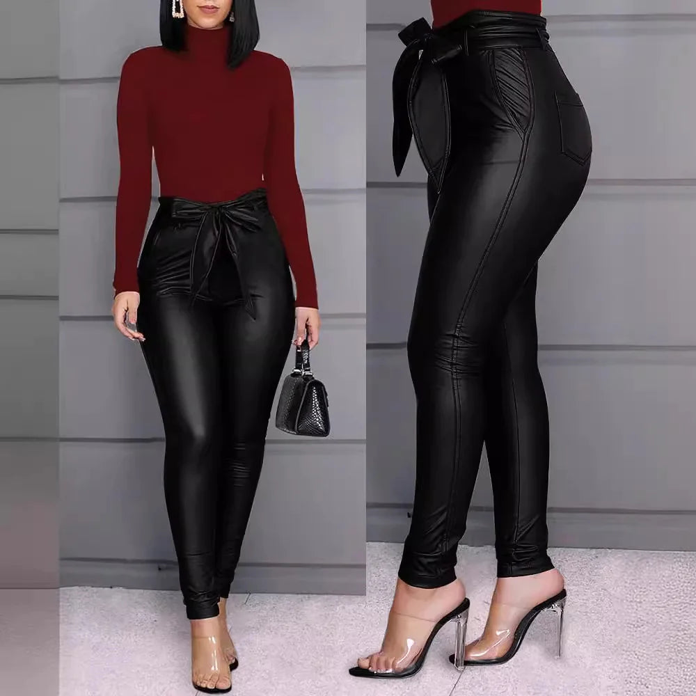 Casual Solid Color Leather Pants for Autumn and Winter