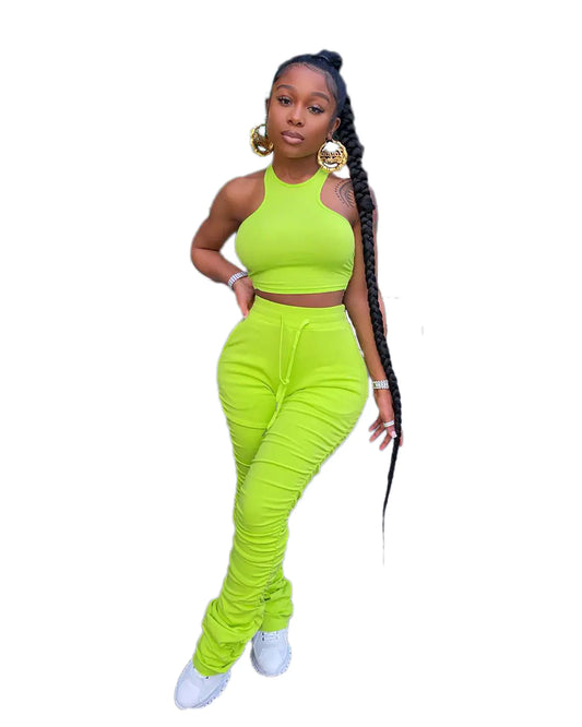 Casual Solid Ruffled Vest and Pants Set for Women