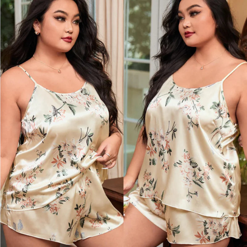 XL-5XL Women's Satin Cami & Shorts Floral Sleep Set