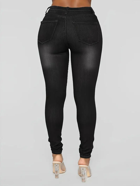 Black Ripped Skinny Jeans with High Waist and Pockets