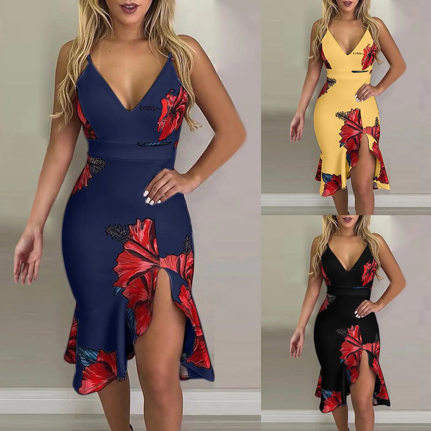 Printed Blue Midi Dress with Slim Fit and Spaghetti Straps