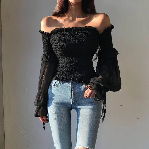 One-Shoulder Mesh Top with Beaded Bell Sleeves
